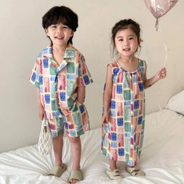 Clothing Sets 2024 Summer Boys Girls Holiday Style Printing Clothes Siblings Short Sleeve Set Sleeveless Dress