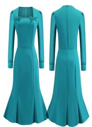 2018 Teal Long Sleeves Work Dresses Square Neck Solid Colour with Bow Cotton Women Mermaid Vintage Pencil Dress FS61415585457