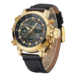 Oulm Brand Luxury Top Watches Men Dual Display Analogue Digital Watch Male Genuine Leather Calendar Alarm Quartz Wrist Watch Man 190f