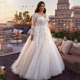 Elegant V-Neck Wedding Dresses 2024 Plus Size Lace Long Sleeve Women White Open Back Tulle Bridal Gown Sweep Train Vestidos De Novia