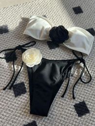 Women's Swimwear 3D Flower Bandeau Bikini Set 2024 Sexy Tube Women Striped Black Swimsuit Mini Bathing Suit