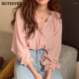 Women's Blouses BGTEEVER Fashion Stand Collar Ladies Single-breasted Basic Shirts Spring Summer Long Sleeve Casual Loose Female Solid