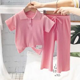 Clothing Sets Girls summer clothing set childrens short sleeved polo shirt wide leg pants 2PCS set baby casual wear fashionable pit stripe set WX