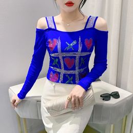 Fall Long Sleeved Womens Clothes Bottoming TShirt Fashion Drilling Mesh Brand Tops Feamle Blusas Slim Tees 240517