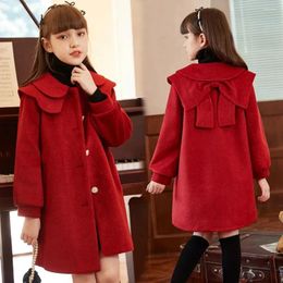 Jackets 8-15 Kids Cotton Padded Thick Woollen Dress Jacket Girls Winter Cute Red Long Coat Teenager Fashion Outerwear 14 Clothes