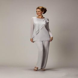 Elegant Plus Size Silver Mother's Pants Suit For Mother of The Bride Groom Beaded Chiffon Wedding Party Evening Gowns Prom Dress 257N