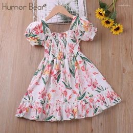 Girl Dresses Humour Bear Girls Summer Dress Square Neck Puff Sleeve Floarl Printed Princess Party Children Clothing For 2-6Y