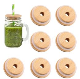 Home 70mm 86mm Bamboo Cup Lids Reusable Wooden Mason Jar Lid with Straw Hole and Silicone Seal Bowl Cover de448 ZZ