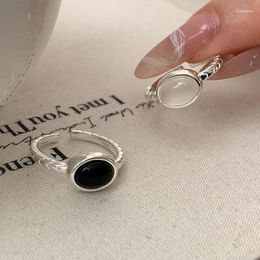 Cluster Rings S925 Sterling Silver Oval Black Agate Ring Female White Jade Marrow Instagram Small Cold Feeling Diamond Plaid Open