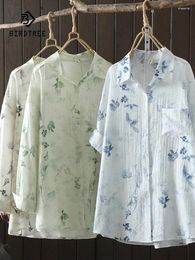 Women's Blouses Spring Cotton Flower Printed Shirt Women Lapel Long Sleeve Literature Tops Girl Loose Commute 2024 Autumn T44062QC