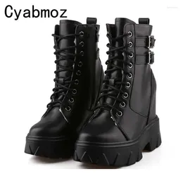 Boots Women Fashion Buckle Ankle Lace-up Wedges Height Increasing 12CM Sneakers Thick Sole Platform British Booties Real Leather