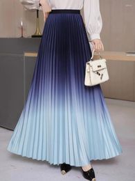 Skirts Pleated Skirt Women Floor-Length Long Korean Fashion Gradient Elastic High Waist A-line Dance Party Spring Autumn