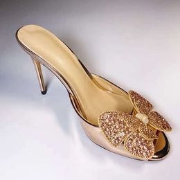 women Ladies 2024 Genuine real leather high heels summer sandals butterfly Flip-flops slipper slip-on wedding dress Gladiator sexy shoes diamond size 34-43 398c