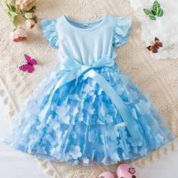 Summer Flower Mesh Ruffles Sleeves Toddler Birthday Party Princess Dress Cute 3D Butterfly Baby Girls Clothes 1-5Yrs L2405