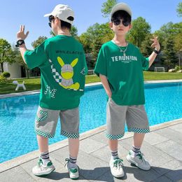 Summer Boys Cotton Alphabet Cartoon T-Shirt TopsPatchwork Plaid Shorts Pant Set School Kids Tracksuit Child 2PCS Outfit 5-14Yr 240517