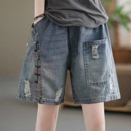 Embroidered Panels Ripped Jeans Womens Shorts Shorty Sexy Woman Clothes Pants Female Clothing Mini Short Jean Korean Style 240517