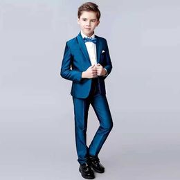 Suits Boys Blue High-end Suit Set Handsome Child Performance Wedding Birthday Photography Costume Kids Blazer Pants Bowtie Outfit Y240516