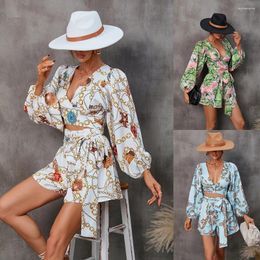 Women's Tracksuits Cross Border Supply Foreign Trade Wear Europe And America Station Autumn Flower Long Sleeved Shorts V-neck Jumpsuit
