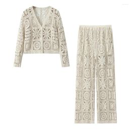 Women's Two Piece Pants Zach Ailsa 2024 Spring Product 3D Hollow Hooked Knitted Cardigan High Waist Straight Leg Set
