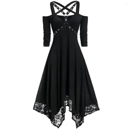 Casual Dresses Plus Size Lace Edge Swing High Waist Off Shoulder Midi Dress Half Sleeve Gothic Irregular Hem Flowy