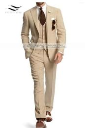 Men's Suits Suit Formal Business 3-Pieces Notch Lapel Solid Tuxedos Man For Wedding Groomsmen (Blazer Vest Pants) Beige