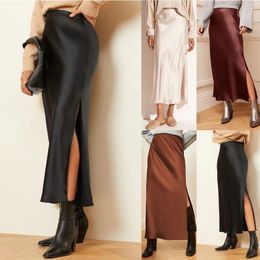 Skirts Luxury Satin Skirt Spring Autumn Office Lady Side Slit Long For Women High Waist Bodycon Business Work Sexy Wrapped