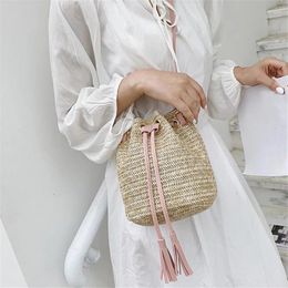 Shoulder Bags Crossbody Beach Sweet Woven Square Drawstring Bucket Handbags Women Bohemia Purely Hand-made Casual