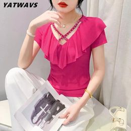 Women's T Shirts Sweet Women Summer Mesh T-shirt Chic Sexy Hollow Out V-Neck Diamonds Tops Short Sleeve Stretchy Fashion Classic Female