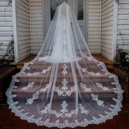 Cathedral Length Long Wedding Veils Custom Made White Ivory Champagne Bridal Veils with Comb Lace Appliqued Cheap Wedding Veil 244S