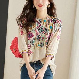 Women's Blouses 2024 Spring Summer Women Tops Fashion 3/4 Sleeve Chiffon Blouse Round Neck Casual Loose Printed