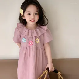 Girl Dresses Double Washed Cotton Girls Dress Children Summer Cute Floral Vestidos Baby Casual Short Sleeves 2024 Kids Clothing