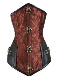 Women Gothic Steampunk Brown Black 12pcs Steel Boned Brocade Jacquard Underbust Corsets with PU Leather Patchwork Sexy Waist Cinch9742632