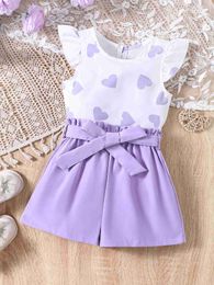Clothing Sets Girls summer is sweet cute casual fresh set small sleeves love print top and pure purple shorts two-piece set WX