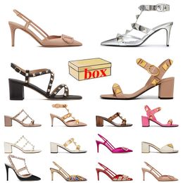 Wholesale Platform Leather Sandals Famous Designer Women Sexy High Heels Rivet Pointed With Box Slides Luxury Lady Wedges Heel Pumps Slingback Silver Pink Slippers