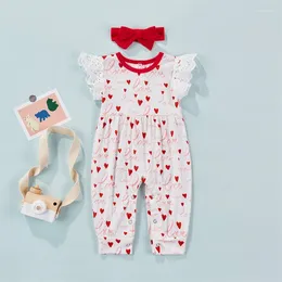 Clothing Sets 0-24M Infant Baby Girls Summer 2 Piece Set Sleeve Hollow Out Heart Printed Long Bodysuit Bow Headband Valentine Day