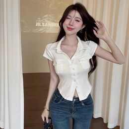 2024 Sommer kurzärärmische Hemden Frauen koreanischer Stil Polo-Hals schlank dünner einreihes kurze Tops High Street Mode vielseitige Büro Dame Freizeit-Bluse Frauen