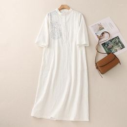 Party Dresses Limiguyue White Flowers Shirts Dress Cotton Linene Women Half Sleeve Stand Collar Pearl Button Summer A-line Vestidos E779
