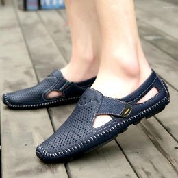 Casual Shoes Hollow Leather For Men Summer Breathable Flat Sandals Fashion Soft Comfortable Walking