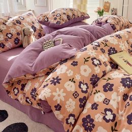 Bedding Sets Cartoon Cotton Bed 4-Piece Set Of Woollen Floral Print Sheet And Cover For Student Dormitory 3-Piece