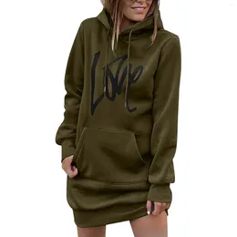 Casual Dresses Letter Print Green Hooded Long-sleeve Drawstring Hoodie Dress Streetwear Female Clothing Autumn Winter Vestidos Robe