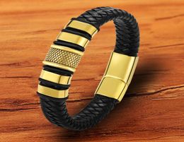 Charm Gold wristband Stainless Steel Genuine Leather Men Bracelet Whole Accessories Jewelry Gold Black Magnetic Bangles1225853