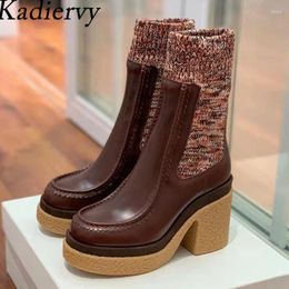 Boots Chunky Heels Knit Woman Genuine Leather Patchwork Short Platform Shoes Women Thick Sole High Sock