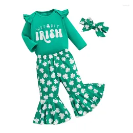 Clothing Sets Pudcoco Infant Baby Girl Irish Festivals Outfits Letter Print Long Sleeve Romper With Shamrock Flare Pants And Headband 0-18M
