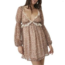 Casual Dresses Women Elegant Floral Print Mini Dress V Neck Long Sleeve Backless Tie-up Lace Patchwork A-line Fairy Streetwear