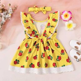 Girl's Dresses Child Girls Dress Lovely Rose Floral Ruffle Lace Trim Sleeveless Skirt Fashion Holiday Summer Wear for Kid Girl 2-7 Years