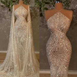 Kleider funkelnde Pailletten Meerjungfrau Hochzeitskleid mit Wrap Illusion Bling Dubai Prinzessin Brautkleider Robe de Soiree Turkish Couture Abendkl