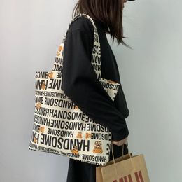 Shopping Bags Cute Cartoon Bear Shoulder Canvas Bag For Girl Causal Letter Print Shopper Tote Women Cloth Harajuku Zipper Handbag