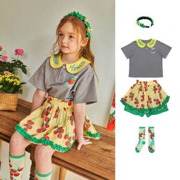 BEBEBEBE spot 2024 Summer Cute Little Tomato Print Polo Neck T-shirt Shorts Set for Boys and Girls kids clothes L2405