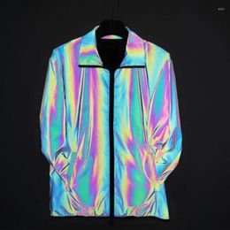 Men's Jackets 2024 Techwear Style Colourful Reflective Jacket Men Women Turn Down Collar Hip Hop Sport Reflect Light Holographic Coat