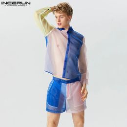 Men Sets Patchwork Mesh Sexy Lapel Long Sleeve Shirt Shorts 2PCS Streetwear Transparent Loose Fashion Suits INCERUN 240517